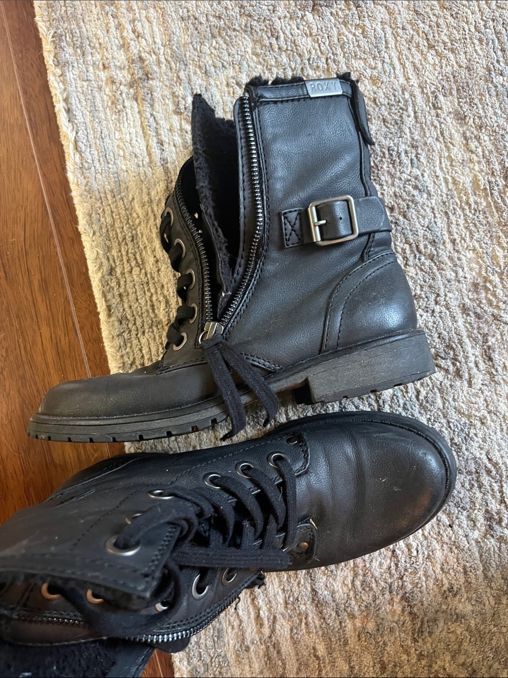 Roxy Black Lace-Up Leather Combat Boots with Side Buckle